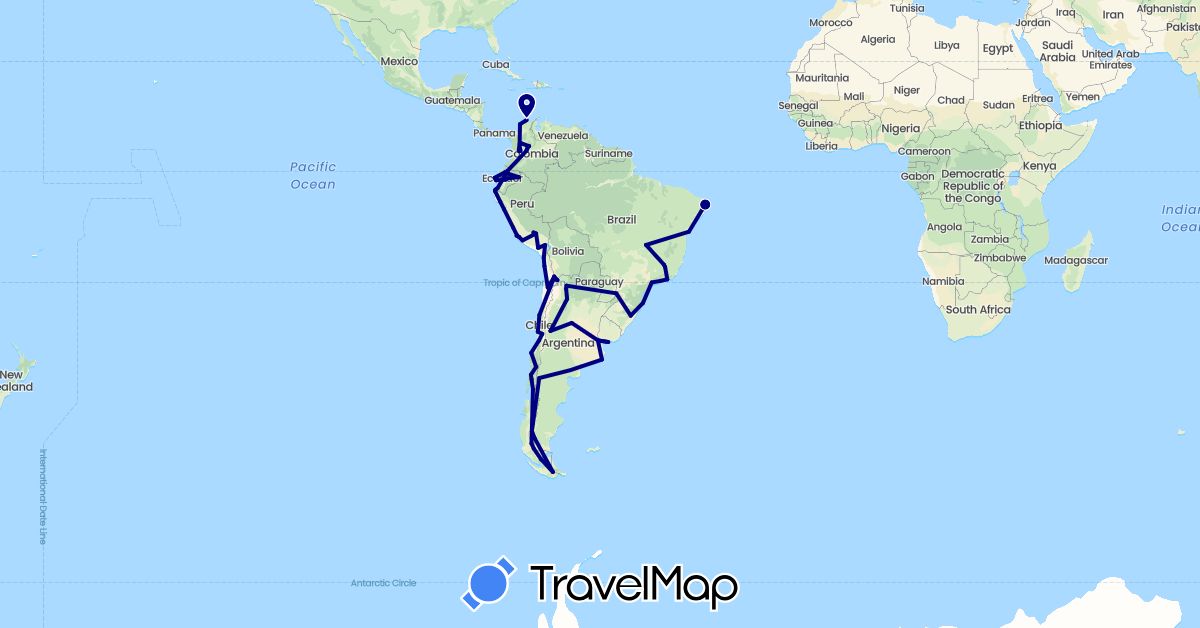 TravelMap itinerary: driving in Argentina, Brazil, Chile, Colombia, Ecuador, Peru, Uruguay (South America)
